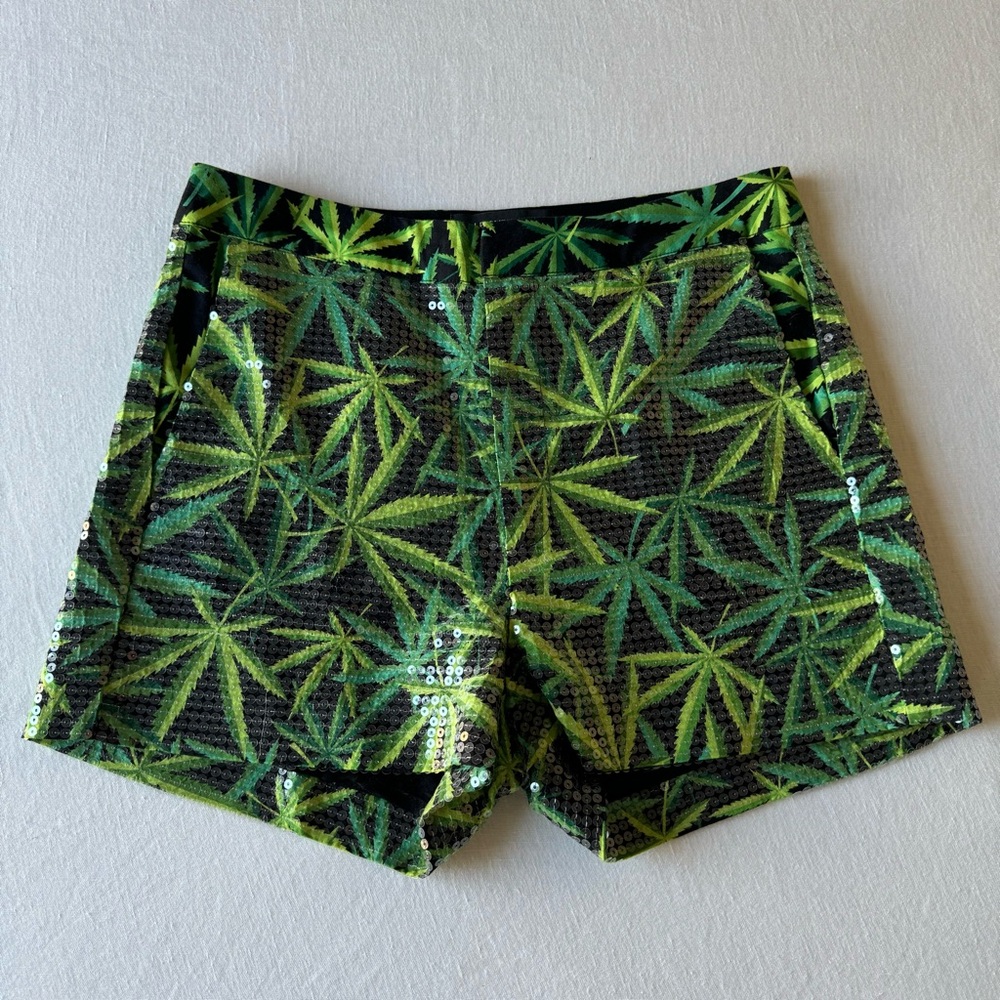 Le Superbe Sequin Graphic Weed Print Shorts